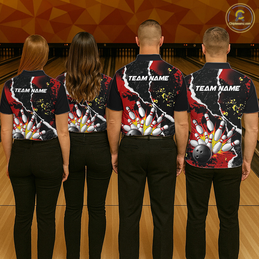 Grunge Black & Red Strike Bowling Ball & Pins Shirts For Women Personalized Bowling Team Outfits NYN3186