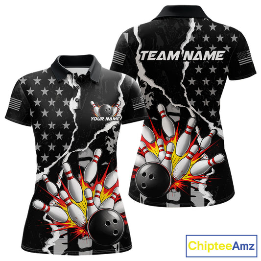 Grunge Black US Flag Strike Bowling Ball & Pins Shirts  For Women Custom Patriot Bowling Team Outfits NYN3186