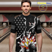 Load image into Gallery viewer, Grunge Black US Flag Strike Bowling Ball &amp; Pins Shirts  For Men Custom Patriot Bowling Team Outfits NYN3186