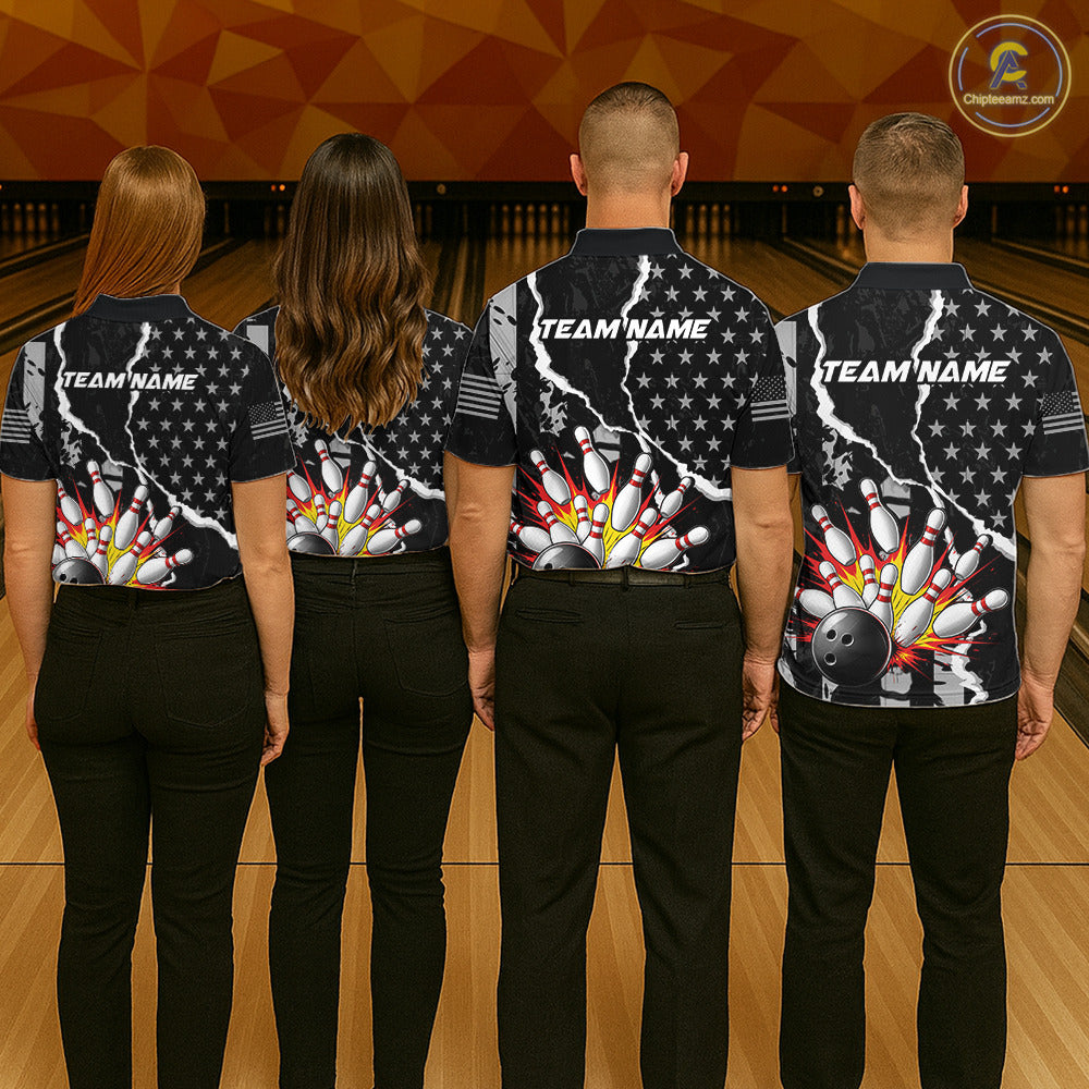 Grunge Black US Flag Strike Bowling Ball & Pins Shirts  For Men Custom Patriot Bowling Team Outfits NYN3186