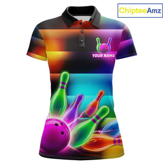Neon light bowling team shirt for women colorful bowling ball and pins jersey