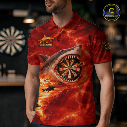 Fire Flame Tornado Funny Shark Darts Polo Shirt For Men Custom Dart Team League Shirt|Red NYN2657