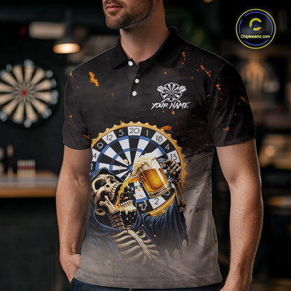 Personalized Funny Grim Reaper Play Darts & Beer Polo & 1/4-Zip Shirts For Men Dart Team Jerseys NYN2815