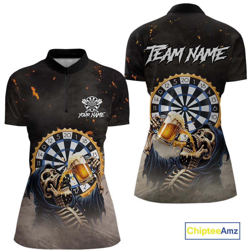 Personalized Funny Grim Reaper Play Darts & Beer Polo & 1/4-Zip Shirts For Women Dart Team Jerseys NYN2815