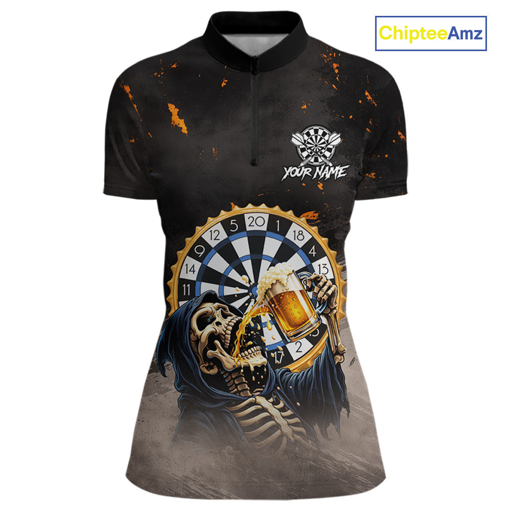 Personalized Funny Grim Reaper Play Darts & Beer Polo & 1/4-Zip Shirts For Women Dart Team Jerseys NYN2815