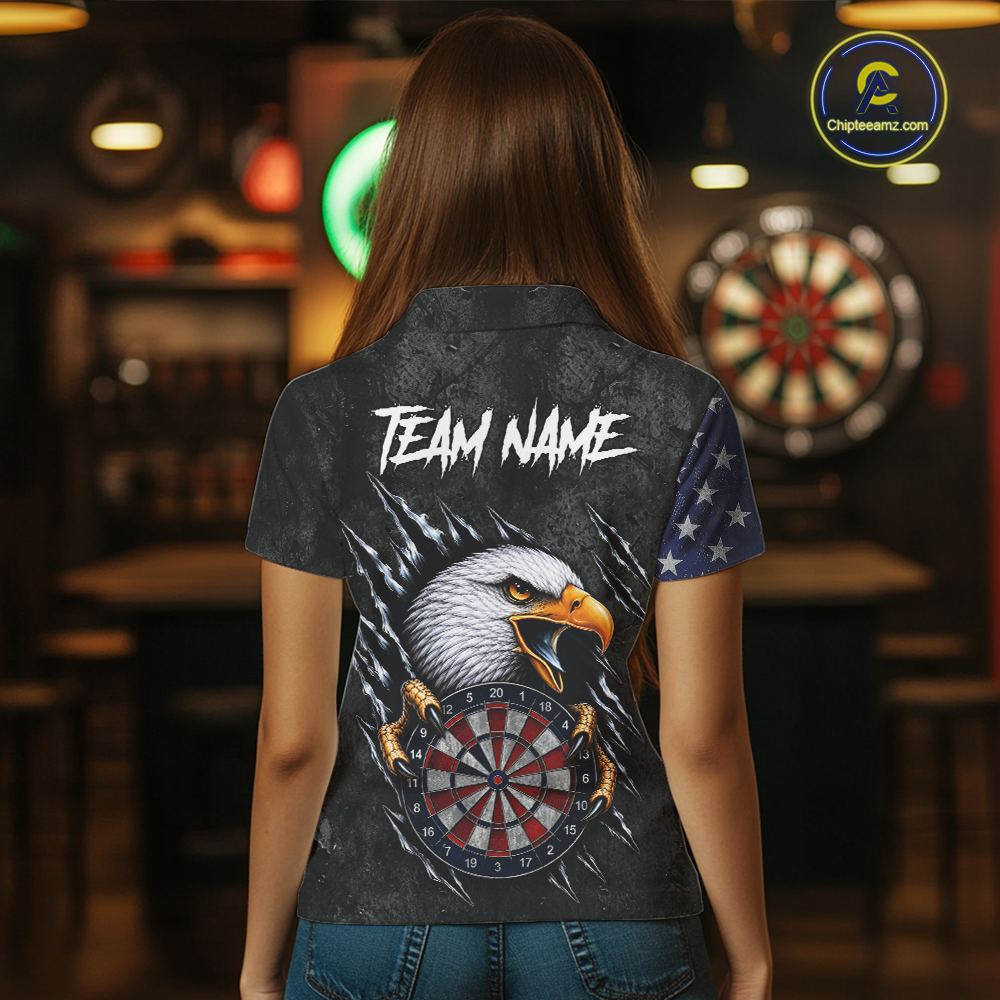 Female model wearing American Flag Eagle Women's Darts Polo, Custom League Jersey