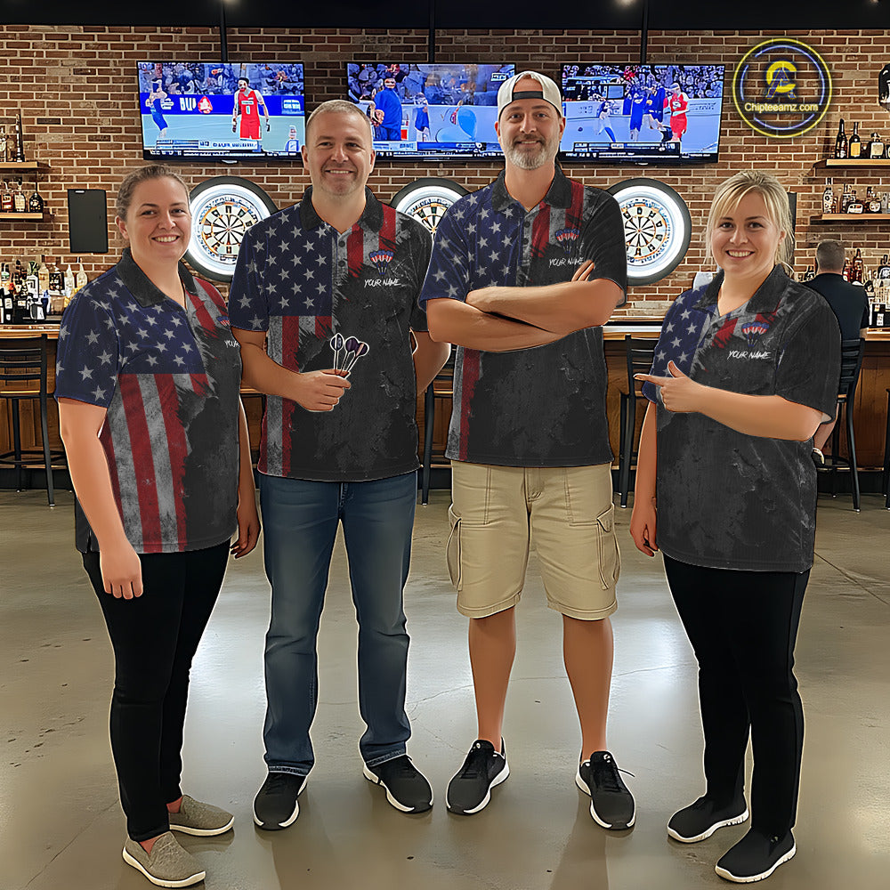 Dart team wearing American Flag Eagle Custom Jerseys, Personalized Dart Tournament Uniforms