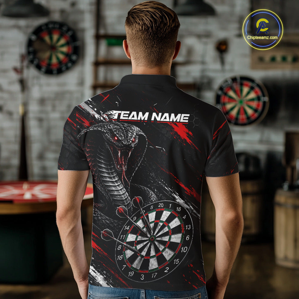 Male model wearing Black Red Cobra Darts Polo, Personalized Tournament Uniform