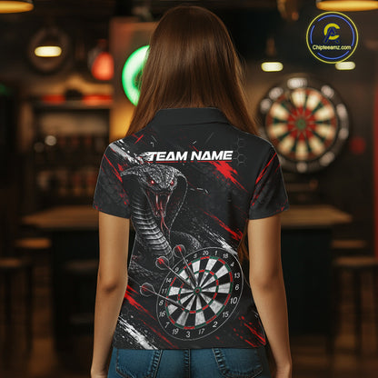 Female model wearing Black Red Cobra Women's Dart Polo, Custom League Apparel