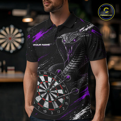 Male model wearing Black Purple Cobra Darts Polo, Personalized Tournament Uniform