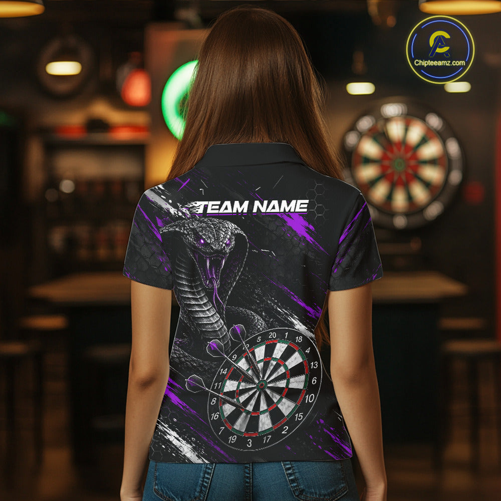Female model wearing Black Purple Cobra Women's Dart Polo, Custom League Apparel