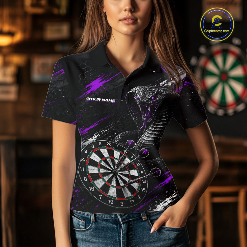 Female model wearing Black Purple Cobra Women's Dart Polo, Custom League Apparel