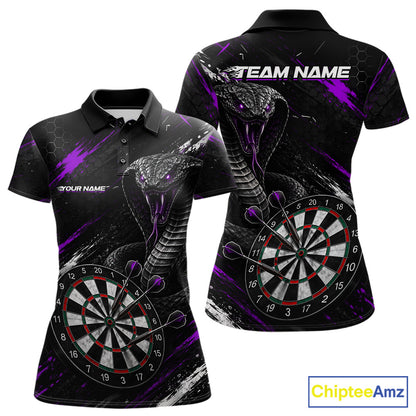 Black Purple Cobra Women's Darts Polo Shirt Mockup, Custom Cobra Dart Tournament Jersey, Personalized League Apparel