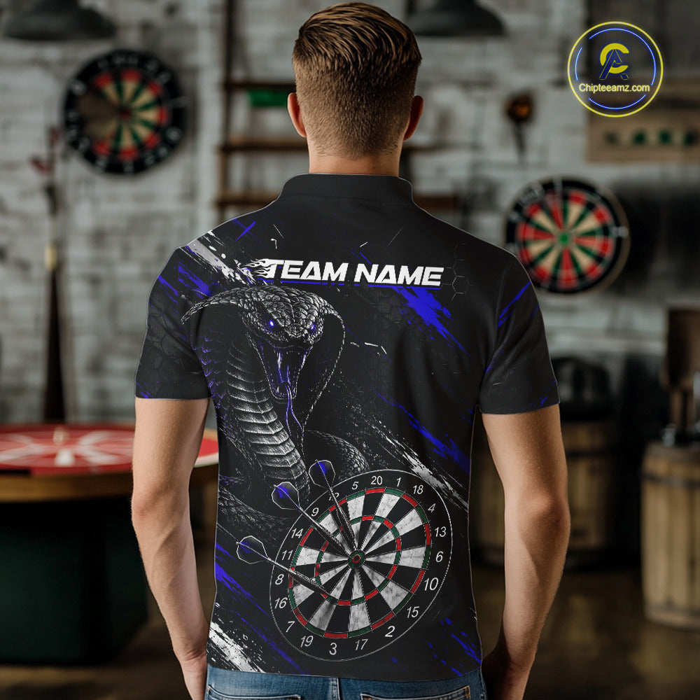 Male model wearing Black Blue Cobra Darts Polo, Personalized Tournament Uniform