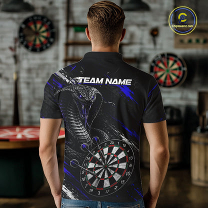 Male model wearing Black Blue Cobra Darts Polo, Personalized Tournament Uniform