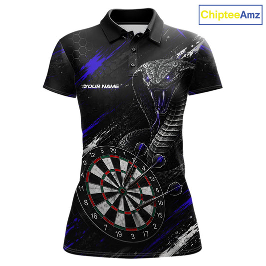 Black Blue Cobra Women's Darts Polo Shirt Mockup, Custom Cobra Dart Tournament Jersey, Personalized League Apparel