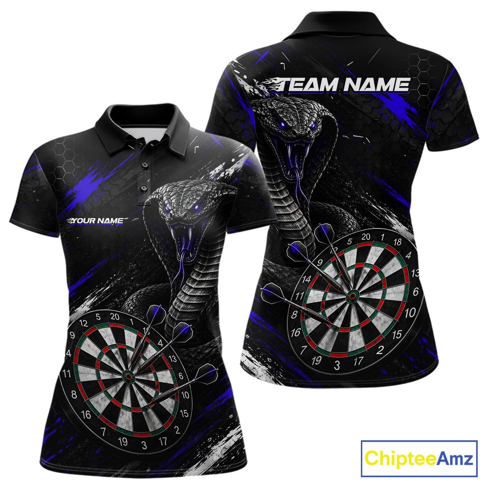 Black Blue Cobra Women's Darts Polo Shirt Mockup, Custom Cobra Dart Tournament Jersey, Personalized League Apparel
