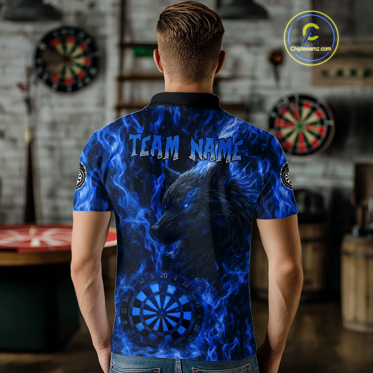 Custom Black Blue Flames Wolf Dartboard Dart Men Polo Shirt Outfits Dart Jerseys NYN1617