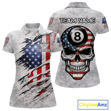 Load image into Gallery viewer, Personalized White Grunge American Flag Skull Pool 8 Ball Women's Billiard Team Shirt Billiard Attire NYN2671