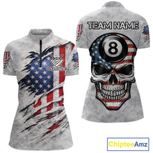 Load image into Gallery viewer, Personalized White Grunge American Flag Skull Pool 8 Ball Women's Billiard Team Shirt Billiard Attire NYN2671