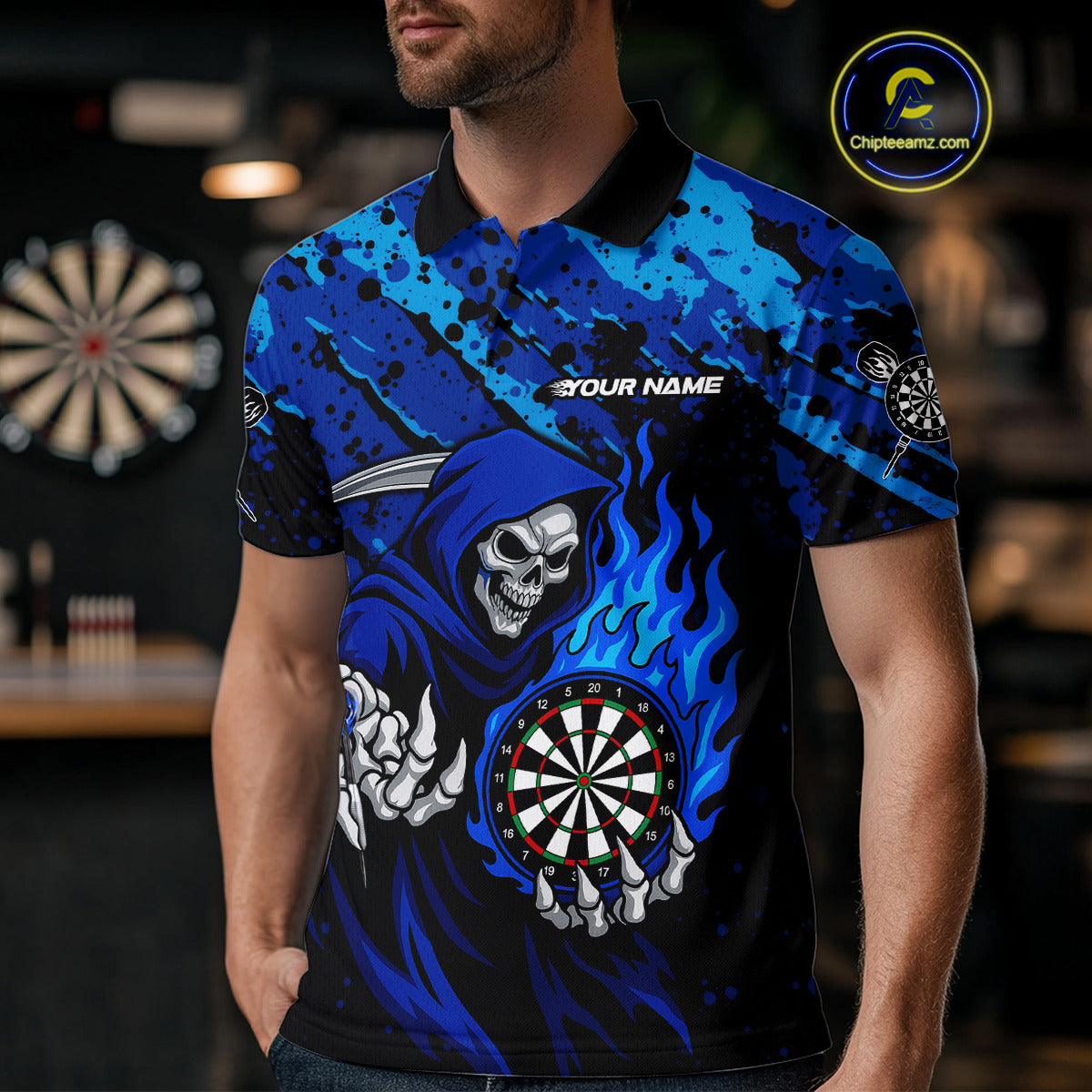 Custom Grim Reaper Blue Flames Dartboard Dart Men Polo Shirt Splatter Grunge Dart Jerseys NYN1631