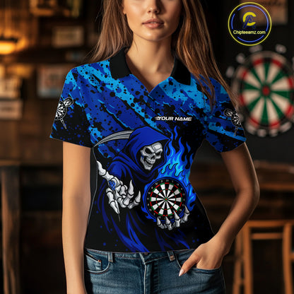 Custom Grim Reaper Blue Flames Dartboard Dart Women Polo Shirt Splatter Grunge Dart Jerseys NYN1631