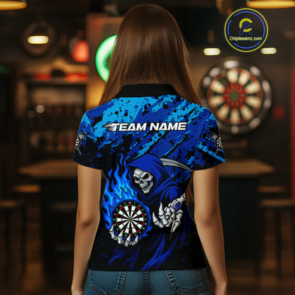 Custom Grim Reaper Blue Flames Dartboard Dart Women Polo Shirt Splatter Grunge Dart Jerseys NYN1631