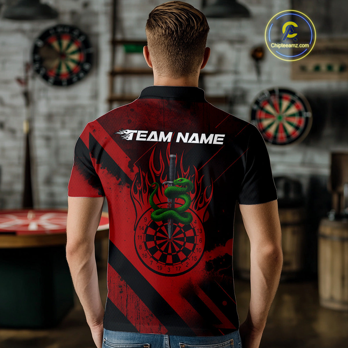 Custom Green Cobra Flames Dartboard Red Grunge Dart Men Polo Jerseys Dart Shirt Gifts NYN1642