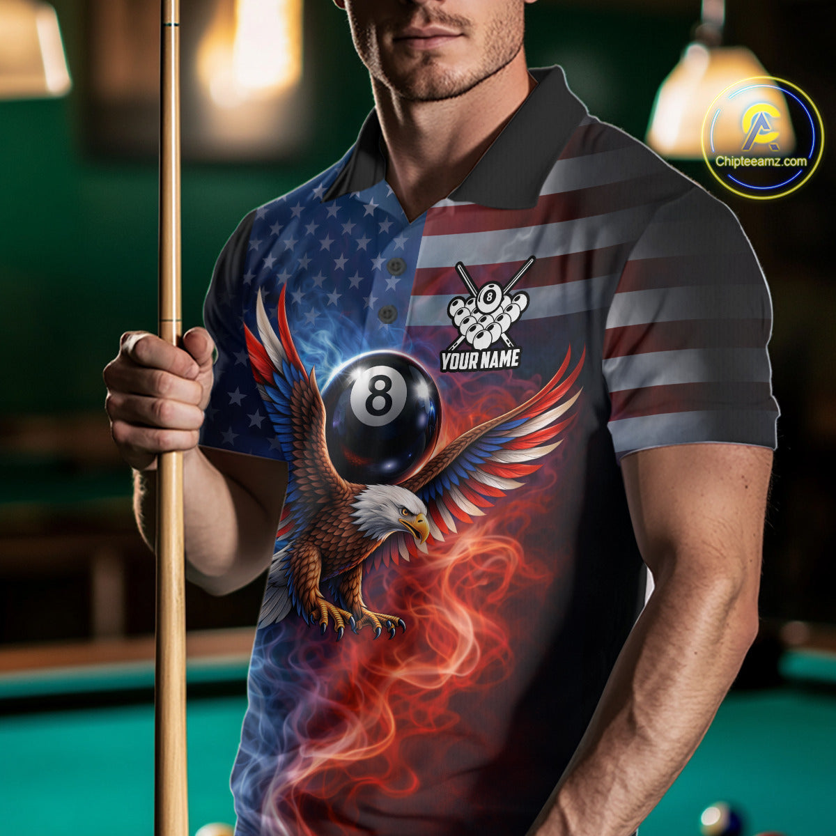 Blue & Red Flames Eagle 8 Ball 9 Ball Pool Billiard Shirt For Men Custom US Flag Billiard Jersey NYN3050