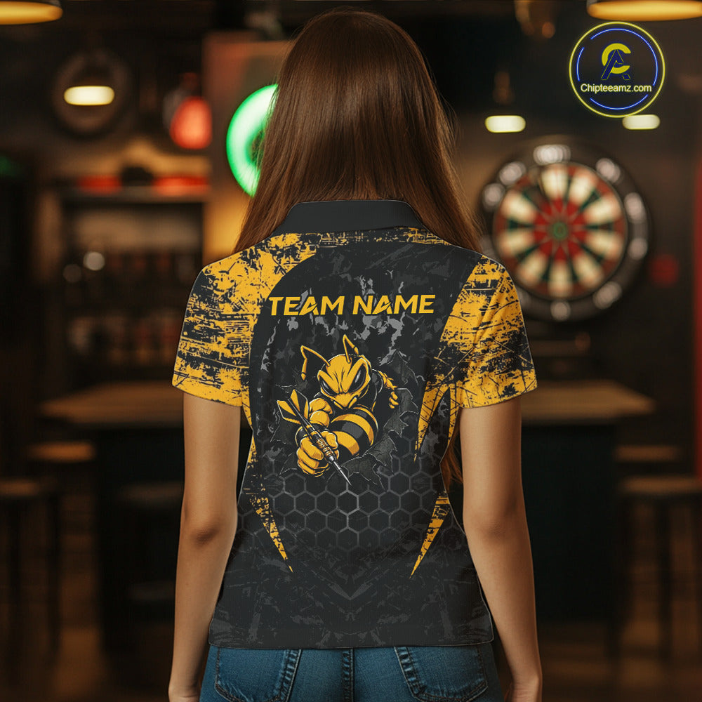 Grunge Black And Yellow Funny Bee Women Dart Polo & 1/4-Zip Shirt Custom Dart Team Jerseys NYN3211