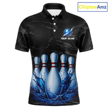 Load image into Gallery viewer, Men's blue splatter bowling pin polo shirt mockup custom grunge bowling team jersey bowling apparel