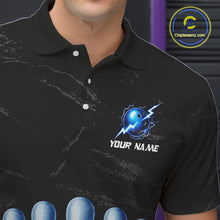 Load image into Gallery viewer, Male model wearing blue splatter bowling pin shirt custom bowling team jersey for league bowlers