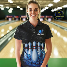 Load image into Gallery viewer, Female model wearing blue splatter bowling pin shirt custom bowling team jersey for league bowlers