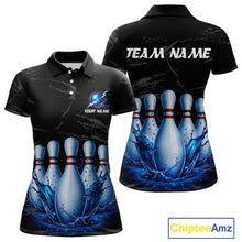 Load image into Gallery viewer, Women's blue splatter bowling pin polo shirt mockup custom grunge bowling team jersey bowling apparel