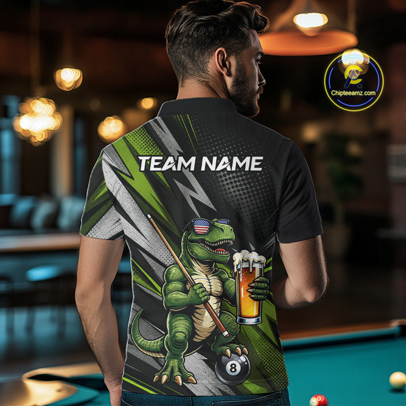 Male model wearing Funny Dinosaur pool jersey featuring beer-drinking dinosaur mascot, personalized cue sports tournament apparel, championship league clothing, novelty sportswear for fun-loving competitors