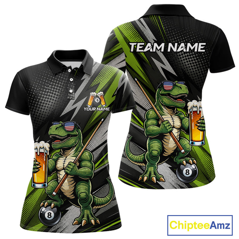 Green Funny Dinosaur women's billiard polo featuring beer-drinking dinosaur mascot, personalized 8 Ball pool league jersey, APA tournament apparel, humorous cue sports performance shirt, custom athletic billiard team uniform