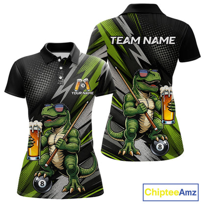 Green Funny Dinosaur women's billiard polo featuring beer-drinking dinosaur mascot, personalized 8 Ball pool league jersey, APA tournament apparel, humorous cue sports performance shirt, custom athletic billiard team uniform