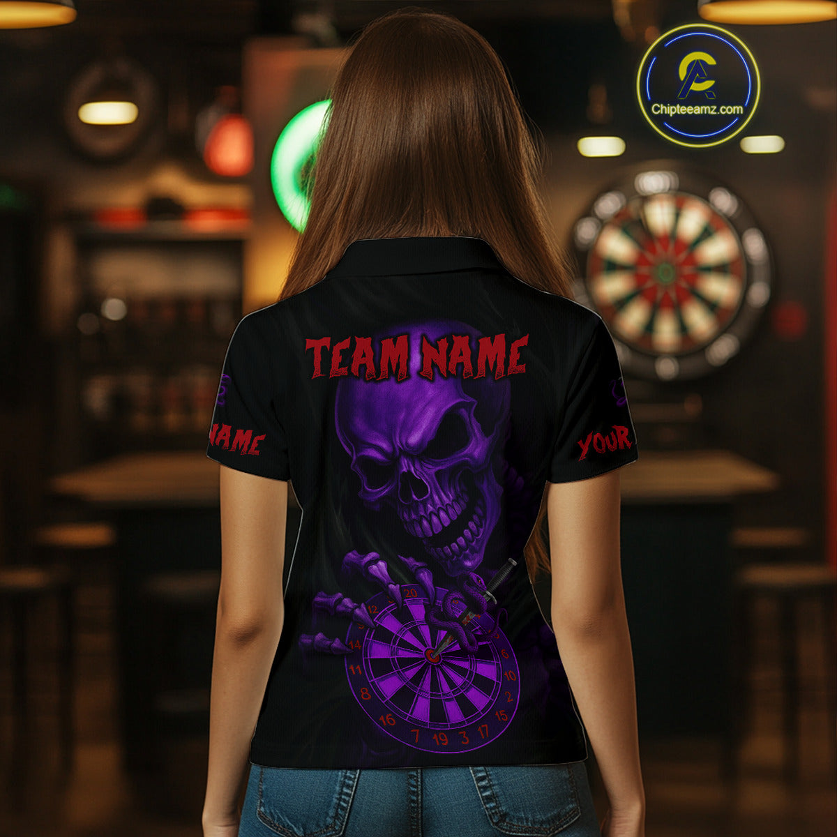 Custom Blood Cobra Purple Dartboard Skeleton Dart Women Polo Jerseys Dart Team Shirt NYN1654