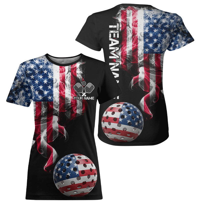 US Flag Smoking Pickleball Ball T-Shirt For Women Custom Patriotic Pickleball Team Jerseys NYN2490