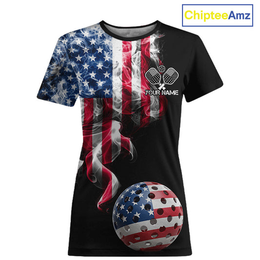 US Flag Smoking Pickleball Ball T-Shirt For Women Custom Patriotic Pickleball Team Jerseys NYN2490