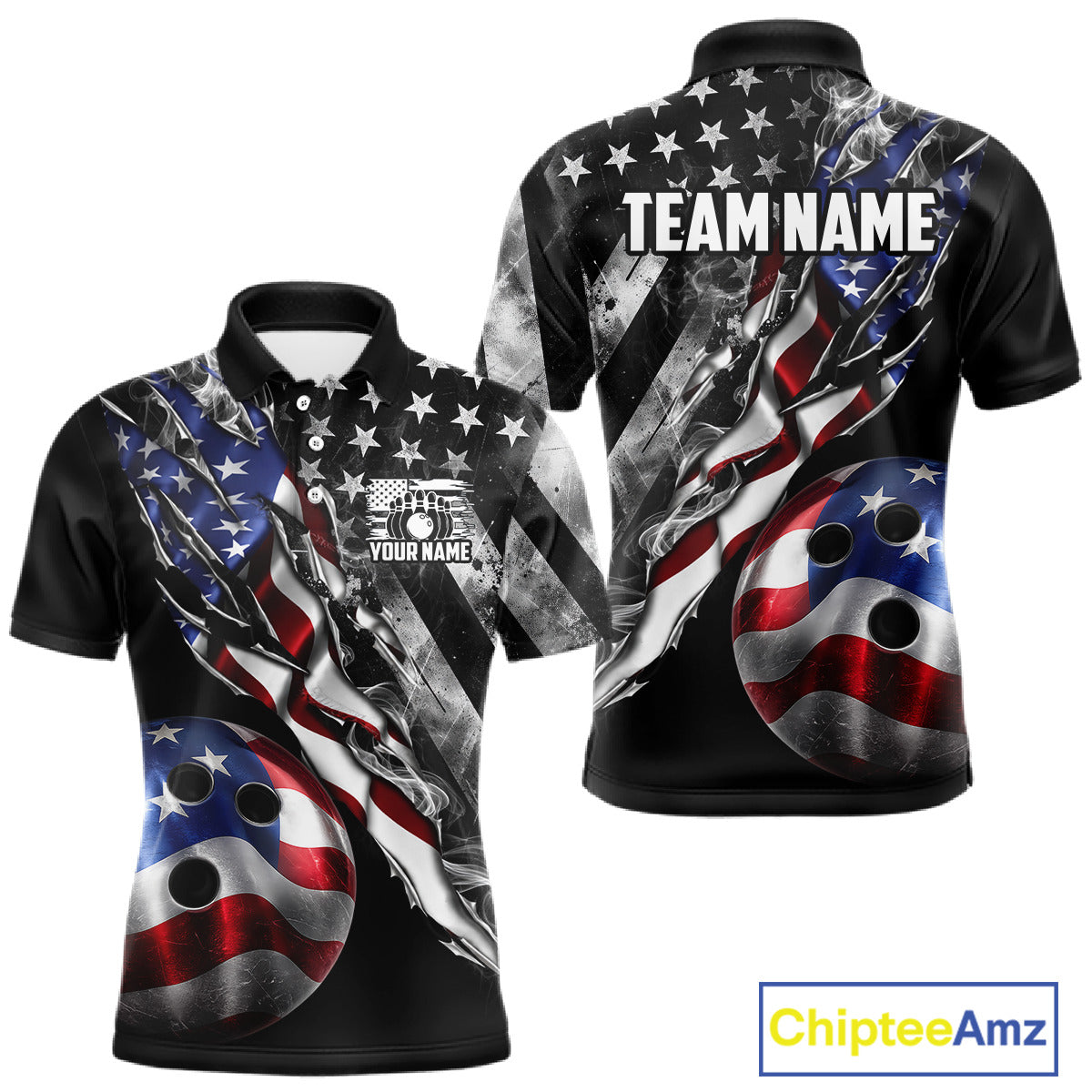 Personalized Smoke US Flag men's bowling polo shirt custom patriotic bowling team uniform, personalized bowling jersey, men's bowling league apparel, tournament bowling shirt