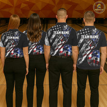 Load image into Gallery viewer, Men women bowling team wearing personalized Smoke US Flag patriotic bowling uniforms, custom bowling team jerseys for league and tournament play