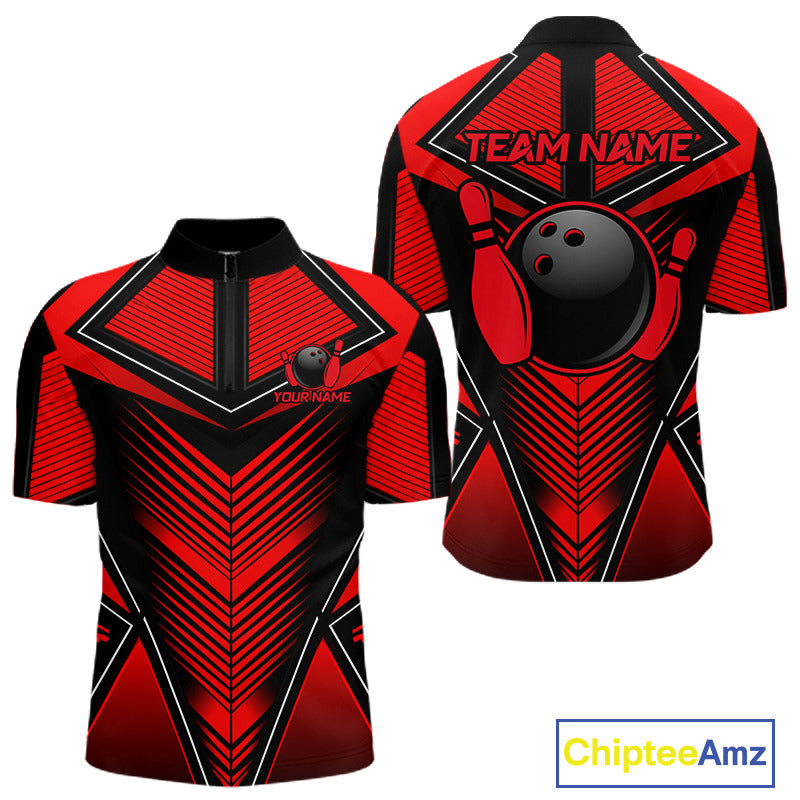 Mens Polo Quarter-Zip Bowling Shirts Custom Black & Red Strikes Bowling Team Jersey, Gift For Bowlers NYN3786