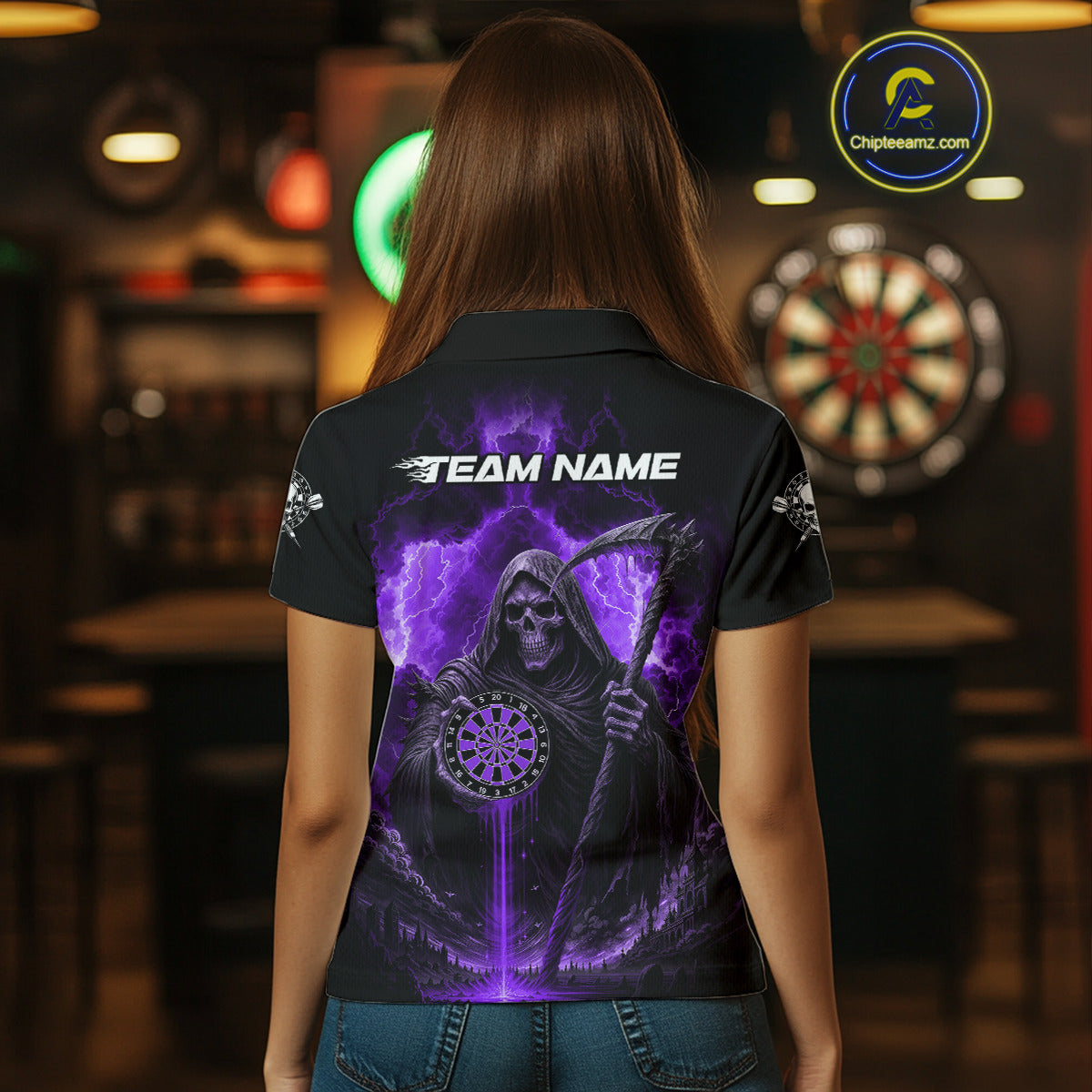 Custom Lightning Purple Grim Reaper Dartboard Dart Polo Shirt For Women Dart Team Jerseys NYN1420