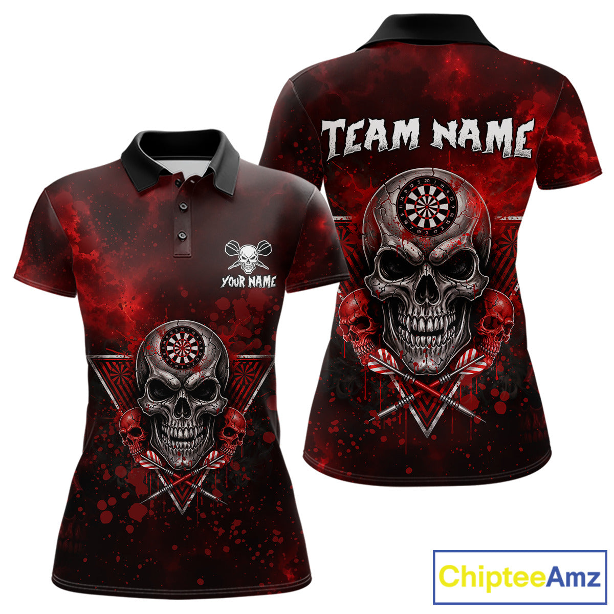 Custom Red Splatter Multi-Skull Women  Darts Arrow Polo League Shirts Dart Team Jerseys NYN2200