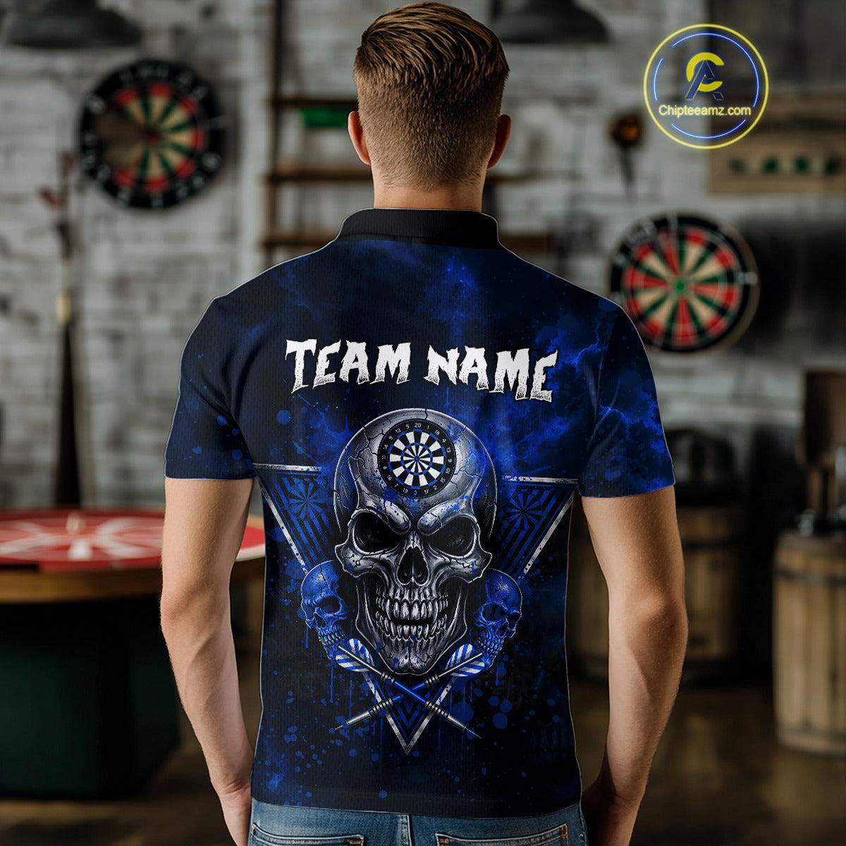 Custom Blue Splatter Multi-Skull Men Darts Arrow Polo League Shirts Dart Team Jerseys NYN2201