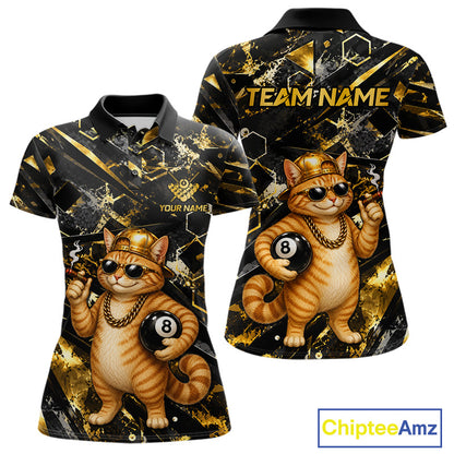 Gold & Black Funny Rich Cat 8 Ball Billiard Polo featuring a wealthy cat mascot with gold accents, personalized pool team name, breathable performance polo, custom 8 Ball tournament apparel, funny animal sportswear, luxury-inspired billiard jersey, casino theme, premium cue sports clothing