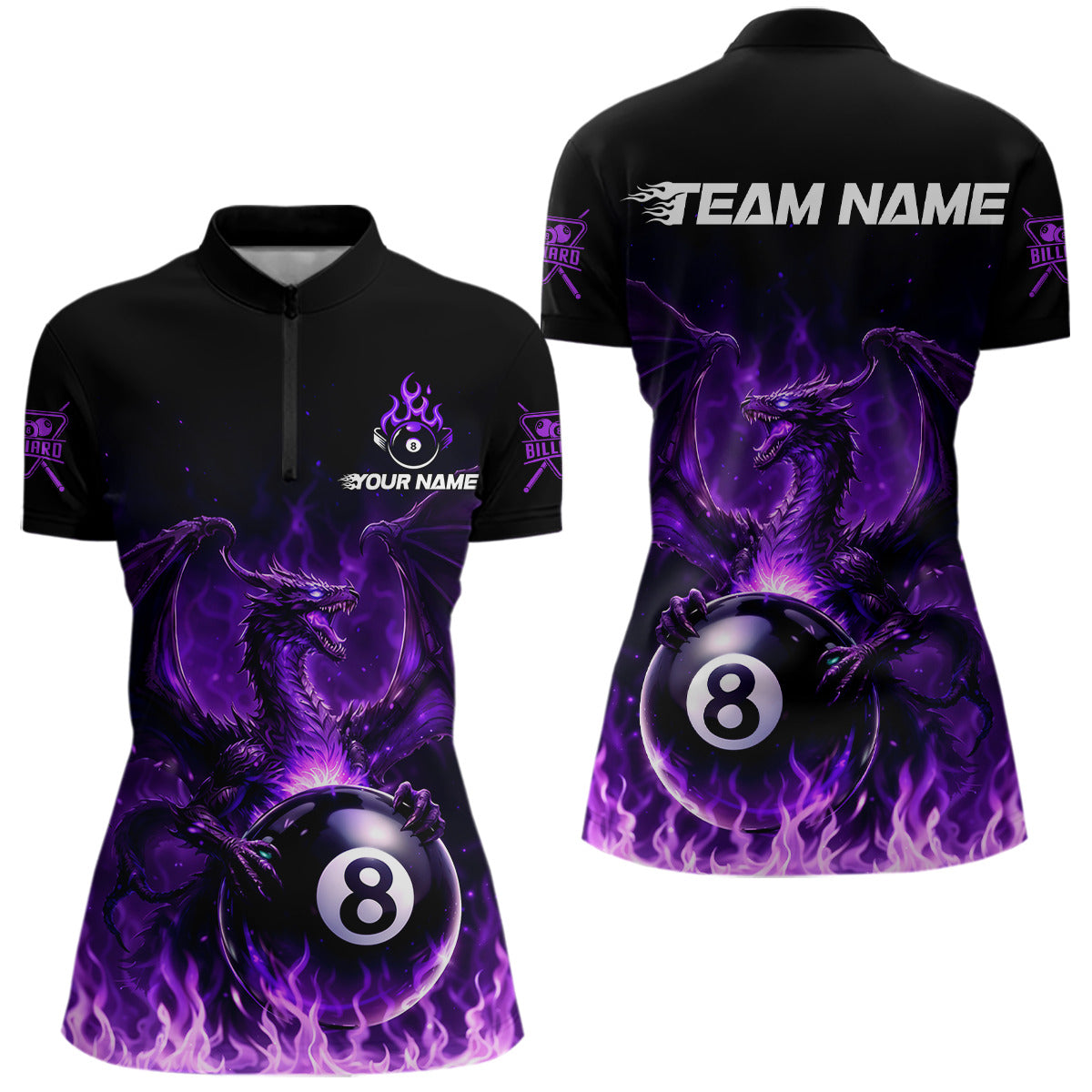 Purple Flaming Dragon Play Pool 8 Ball Women Billiard Shirt Custom Billiard Polo & 1/4-Zip Attire NYN2493