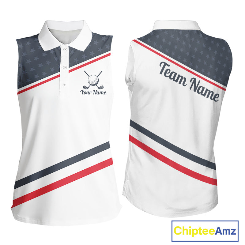 Womens Golf Sleeveless Polo Shirt Custom American Flag White Golf Shirt Patriotic Polo Team Clothing Attire NYN2852