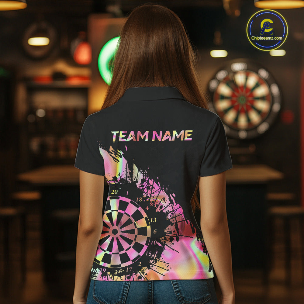 Pink Holographic Dartboard Grunge Darts Polo Shirts For Women Custom Name For Darters NYN2705